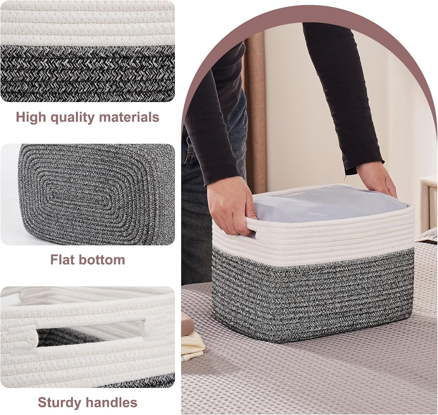 OIAHOMY 4 Pack Storage Baskets for Organizing, Basket for Shelves with Handle, Woven Baskets for Storage Toys, Towels, Books, Cotton Rope Basket 13" L x 9 " W x 7.8 " H, Black & White