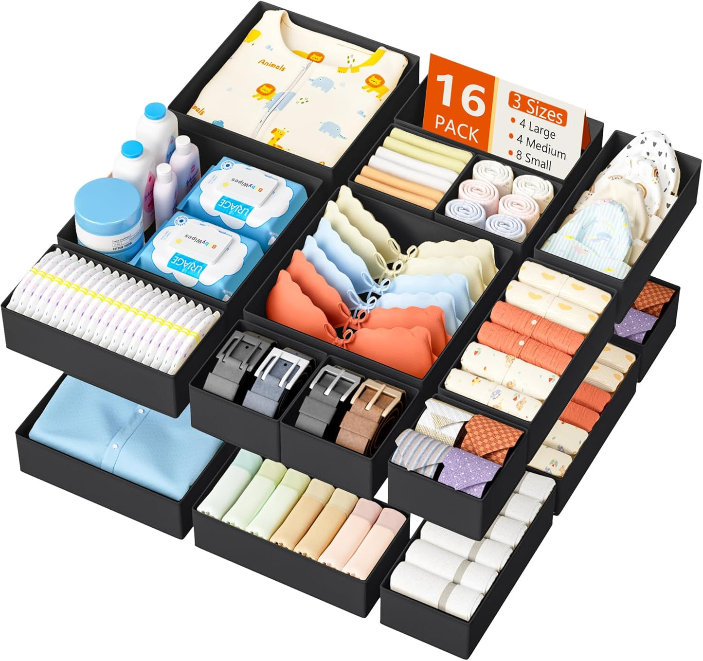 DIMJ Drawer Organizer Clothes - 16 Pack Baby Dresser Organizer for Nursery, Foldable Drawer Organizer Bins for Closet Bedroom Organization, Fabric Clothes Storage Dividers for Underwears, Socks, Bras