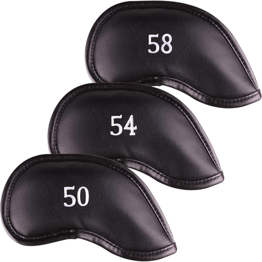 Premium Magnetic Leather Iron and Wedge Golf Club Head Covers | Set of 10 | Fits Most Clubs | Embroidered Club Label on Both Sides of Club Head Cover