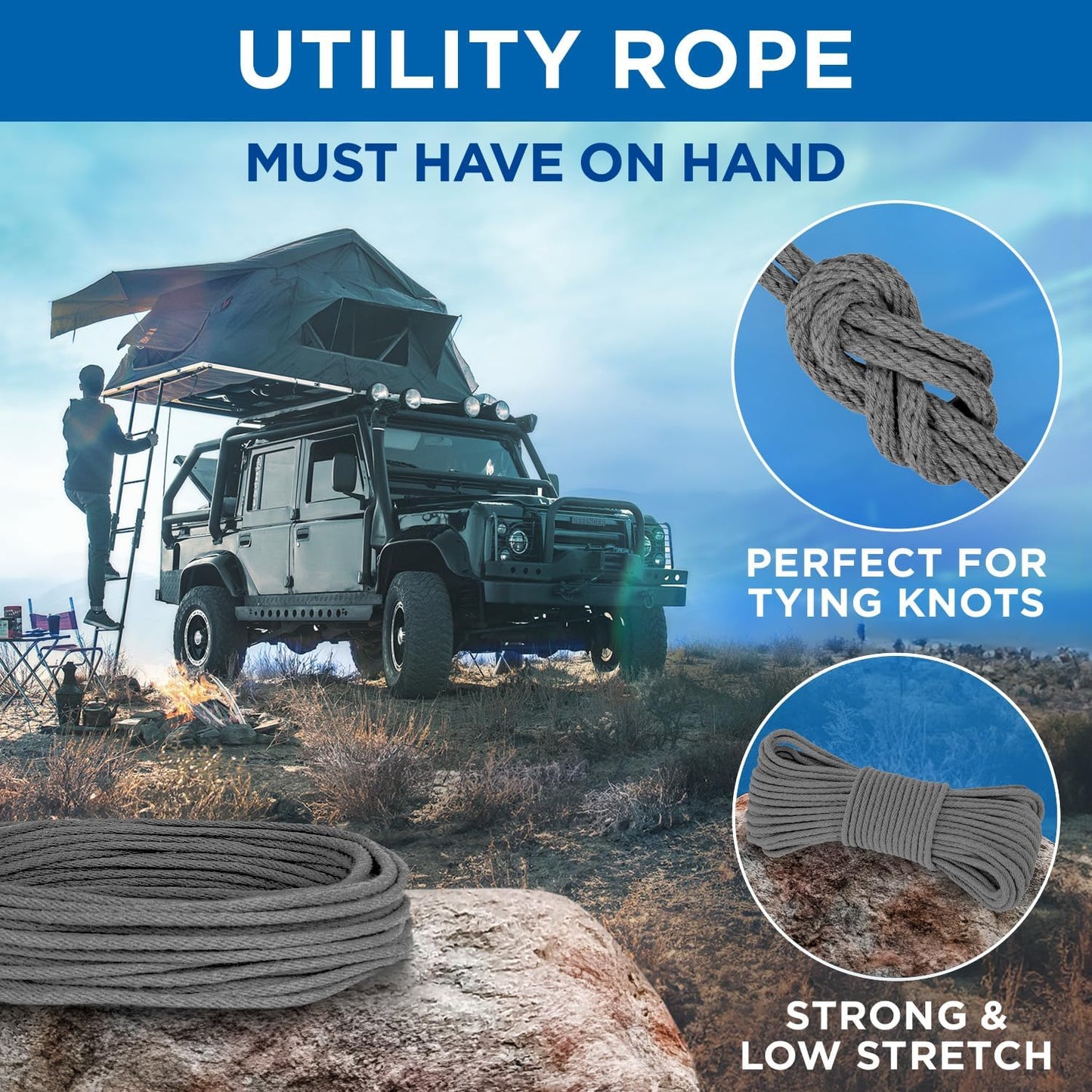 TECEUM Cotton Rope 3/16” (5 mm) – 50 FT – Strong All-Purpose Braided Rope – Natural Cotton – for Crafting, Сamping, Clothes Line, DIY, Indoor & Outdoor Use – Gray