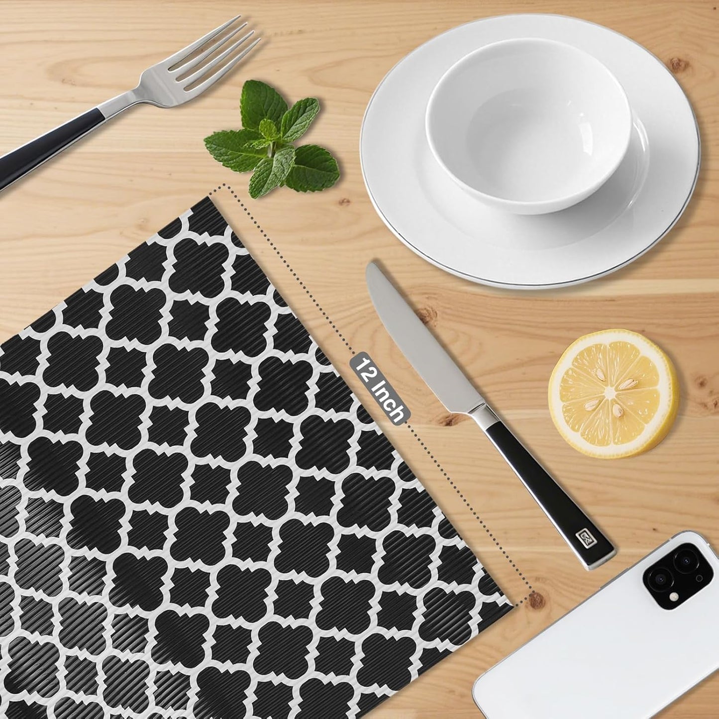 Glotoch Shelf Liners for Kitchen Cabinets 12” x 20 ft, Non Slip Drawer Liner, Waterproof Cabinet Liner for Wire/Pantry/Closet/Dresser-Non Adhesive, Heavy Duty, Quatrefoil, Black&White