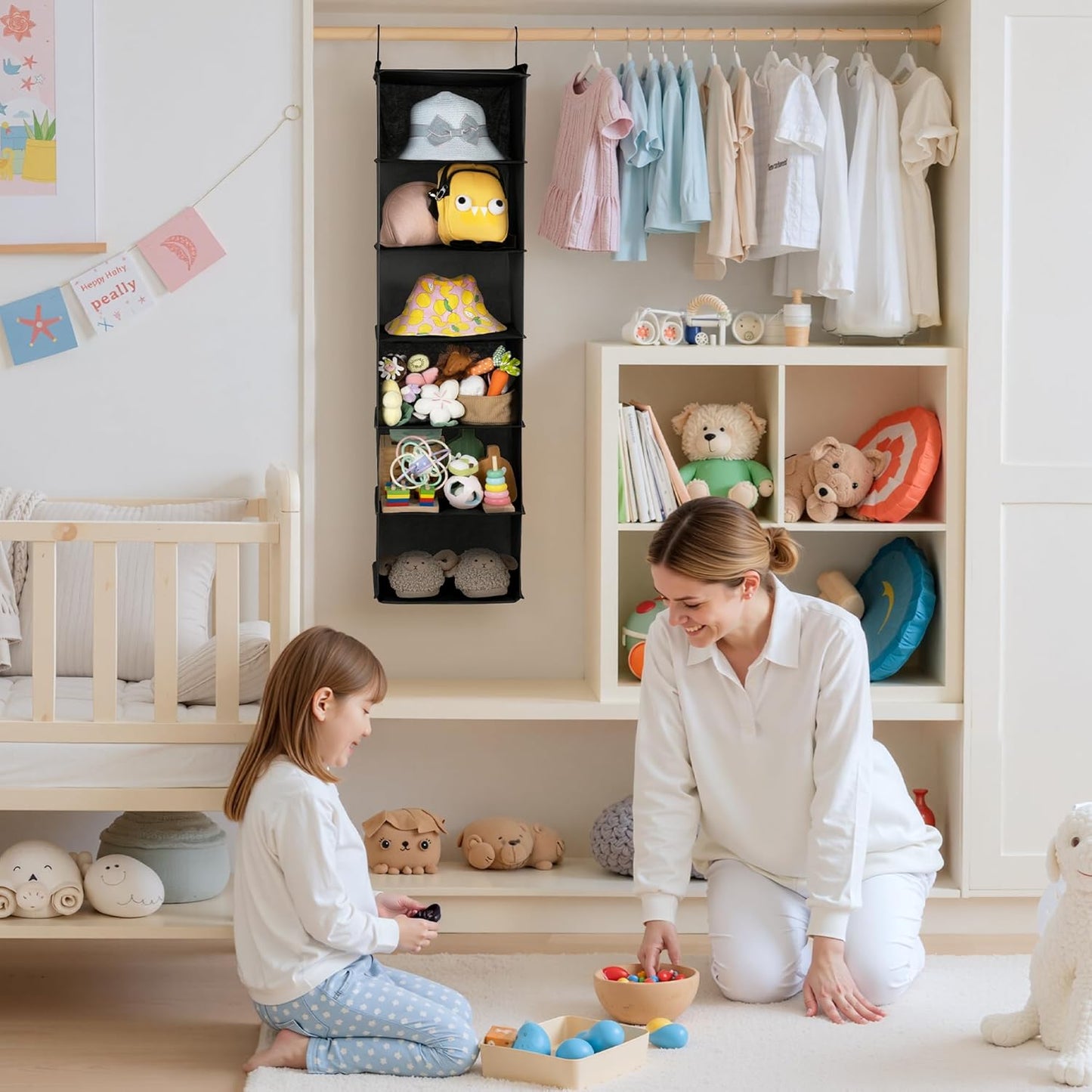 GRANNY SAYS 6 Shelf Hanging Closet Organizers and Storage, Collapsible Closet Hanging Organizer with 2 Sturdy Hooks, Large Hanging Shelves for Weekly Clothes Organizer, Black