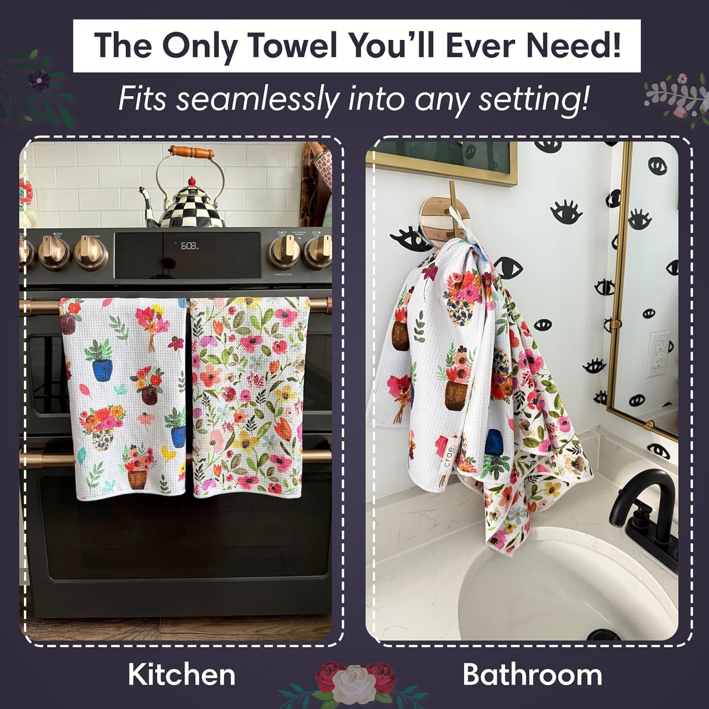 Microfiber Hand Towel & Washcloth Set of 2 - Double-Sided, Waffle Weave, Super Absorbent, Lint-Free, Fast Drying - Stars & Stripes Pattern for Bathroom, Kitchen, Car, and Window Cleaning