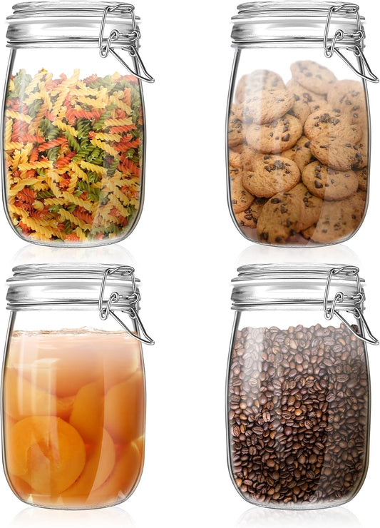 Glass Food Storage Jars with Airtight Lids 34 oz Round 4 Pack Kitchen Storage Containers Large Cabinet Canisters Sealed Pot Canning for Pasta, Cereal, Coffee, Beans, Spice