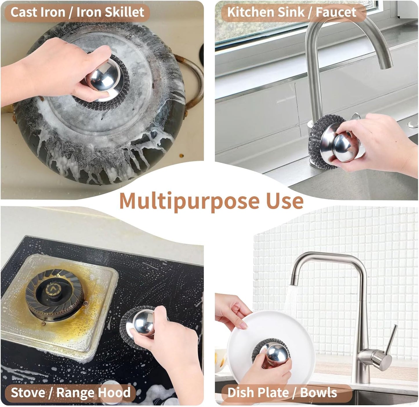 4pcs Steel Wool Scrubber with Replacement Wire Sponge Pads Set, Stainless Steel Scrubber with Handle for Scouring Stubborn Messes from Cast Iron, Pots, Pans, Grill, Stoves, Sink(2 Scrubber+2 Pads)