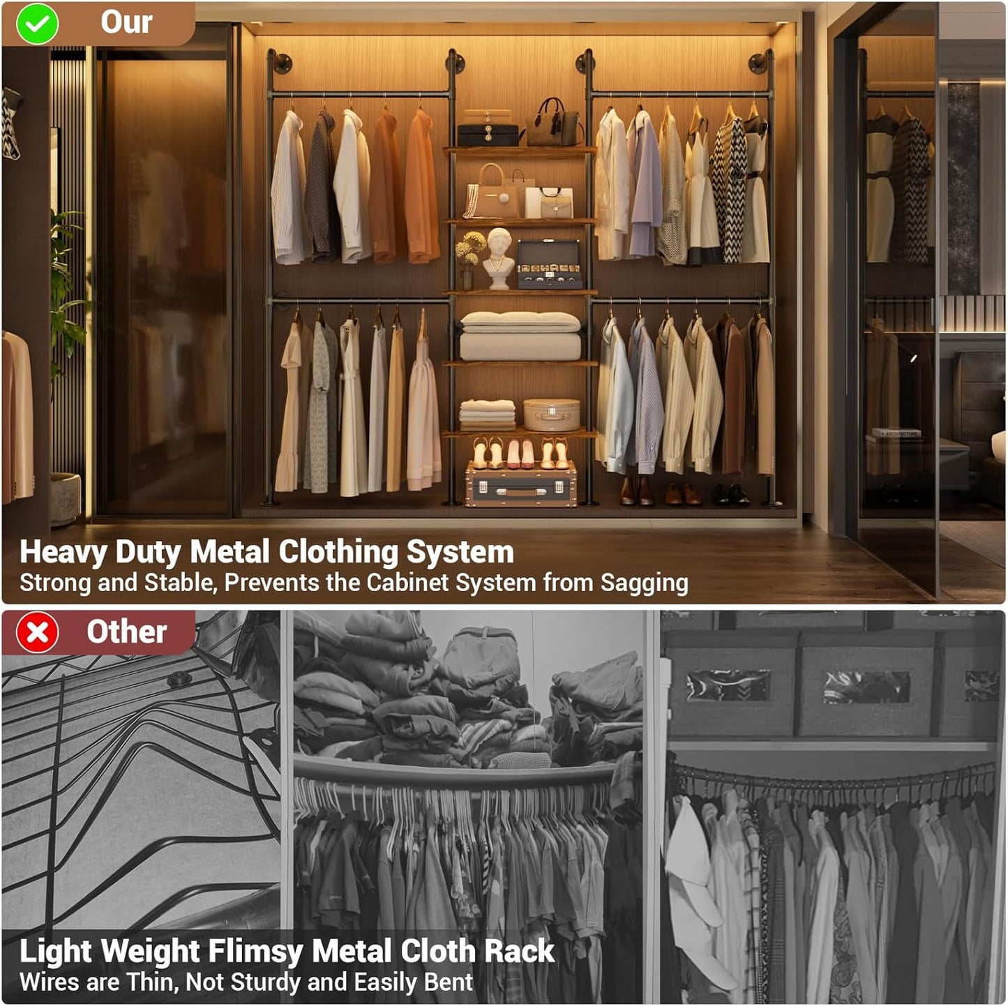 Aheaplus Industrial Pipe Clothing Rack, Reversible 6.42FT Clothes Rack for Hanging Clothes, Heavy Duty 5-Tier Closet Wardrobe Garment Racks with Shelves, Corner Closet Organizer System, Rustic Brown