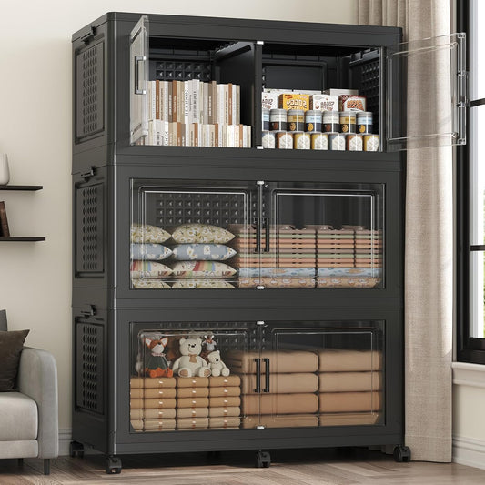 120GAL Storage Bins with Lid and Wheels, Stackable Closet Organizers and Storage Drawer, Collapsible Storage Box with Dividers, Foldable Plastic Cabinets Cubes Totes for Garage, 3 Pack Black