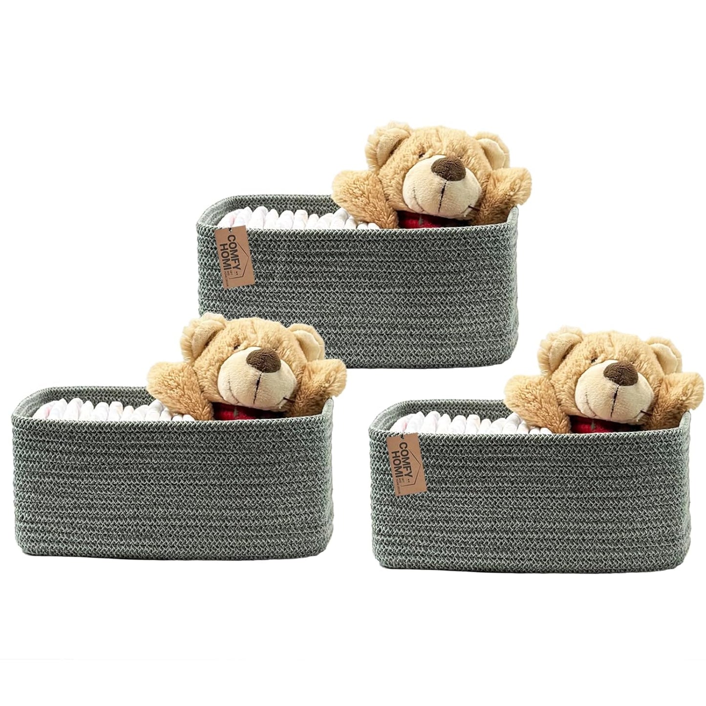 COMFY-HOMI 11.5"x7.5"x4.7" Storage Baskets for Organizing | Cotton Rope Woven Basket | Toy Storage Bin Box | Basket for Shelves, Closet Organizer Bin, Decorative Closet Shelf, 3 Pack, Green