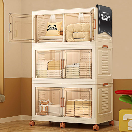 568QT/141Gal 3 Layer Stackable Storage Bins with Lid & Doors - Sensor Lights, Collapsible Storage Bin with 6 Wheels, Plastic Foldable Organizer for Home, Office Use