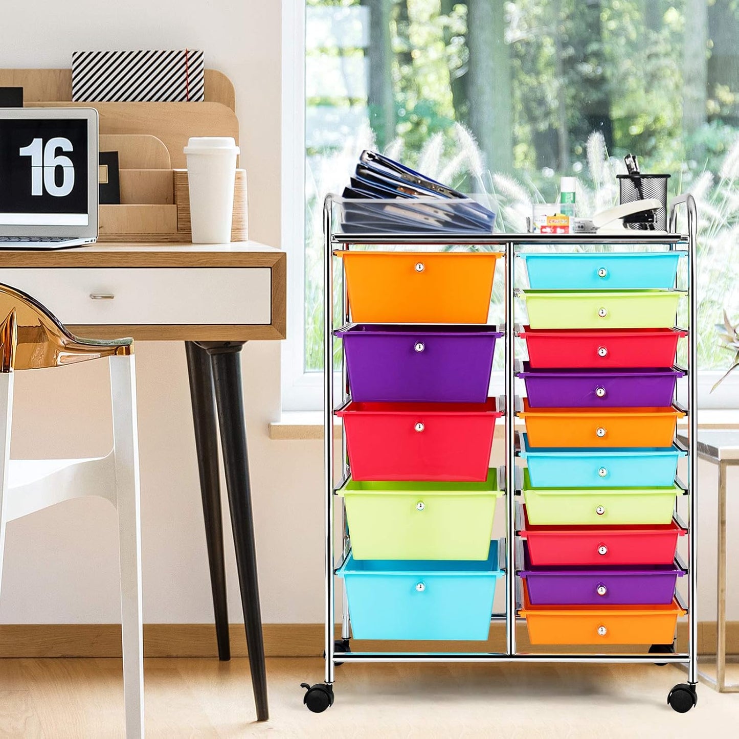 GOFLAME 15-Drawer Rolling Storage Cart, Multipurpose Movable Organizer, Utility Cart for Home, Office, School, Multicolored