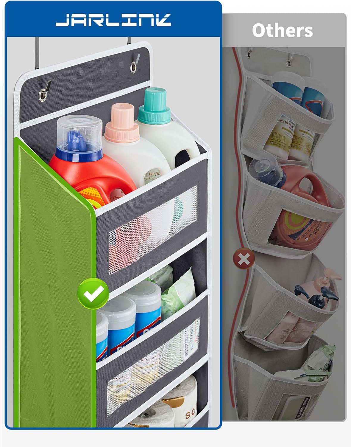 JARLINK 2 Pack Over The Door Organizer, 5 Shelf Door Hanging Organizer with 5 Large Pockets, 44 lbs Weight Capacity Hanging Storage for Bathroom, Bedroom, Nursery, RV, Pantry (Dark Grey)