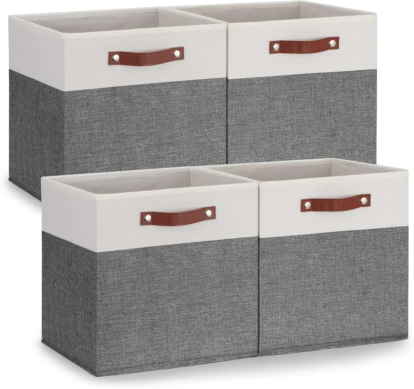 Temary 13x13 Storage Cubes 4 Pack Fabric Cube Storage Bins Large Storage Baskets with Leather Handles, Decorative Storage Boxes for Organizing Closet, Clothes, Foldable Cloth Baskets for Shelves