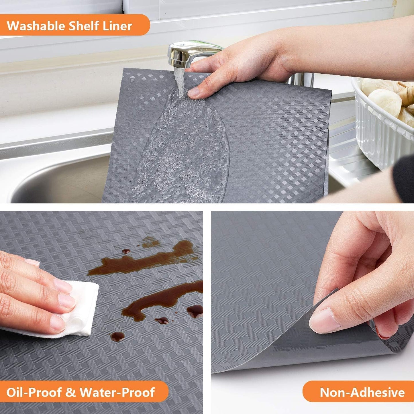 Shelf Liners for Kitchen Cabinets Refrigerator Liners Waterproof Kitchen Cupboard Liner Durable Plastic Drawer Mats EVA Material Non Adhesive Fridge Mats for Shelves - Gray 17.5 x 157.4 Inches