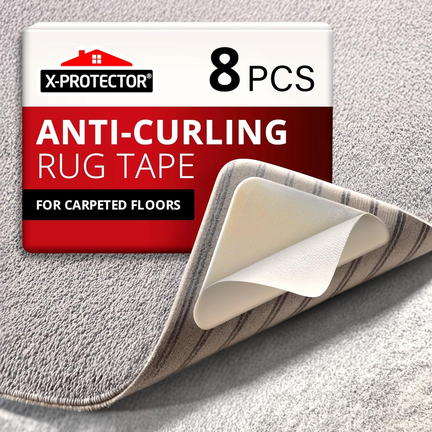 X-Protector Rug Tape for Carpet - 8 Pcs Set - White Anti-Slip & Anti-Curling Carpet Tape for Rugs - Premium Rug Pad Gripper - Ideal Carpet Corner Grippers to Keep Your Rugs & Make Corners Flat