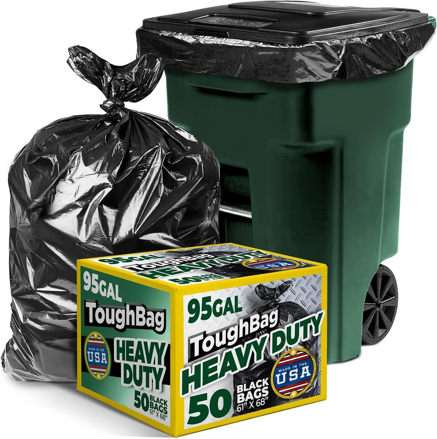 ToughBag 95-96 Gallon Trash Bags Heavy Duty, Black Garbage Bags (50 COUNT) Extra Large 90, 95, 96, 100 Gallon Can Liners - Made In USA