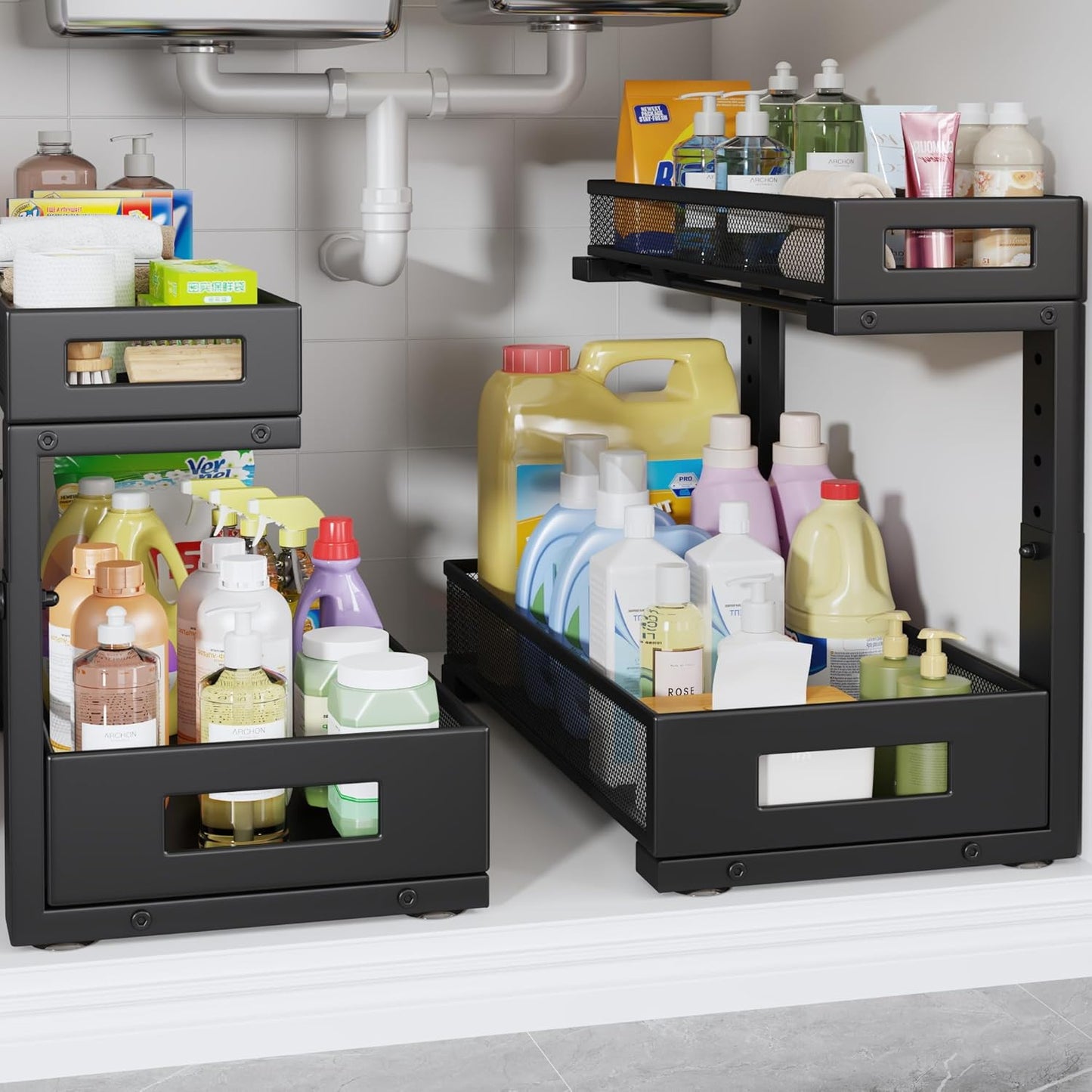 2 Pack 17IN Depth Under Sink Storage Organizer, Large 2-Tier Elegant Mesh Pull Out Shelf for Kitchen and Bathroom Cabinet Organization, L-Shaped and Adjustable Height Design-Black