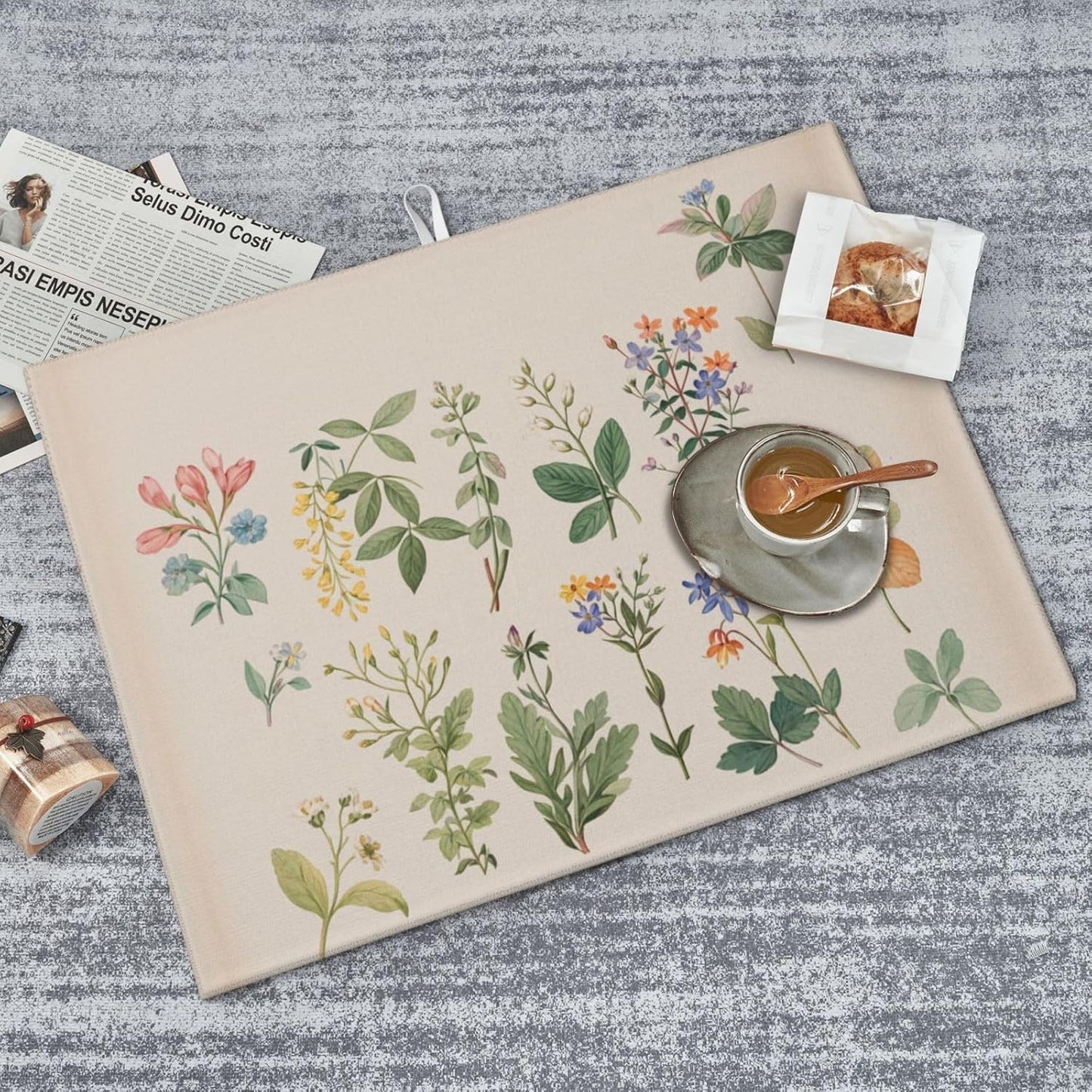 Vintage Plants Herbs Floral Dish Drying Mat Highly Absorbent Double-Sided Microfiber with Hanging Loop Reversible Drain Dish Rack Mat Drain Mat Suitable for Kitchen Countertop Coffee Bar 18 x 24 Inch