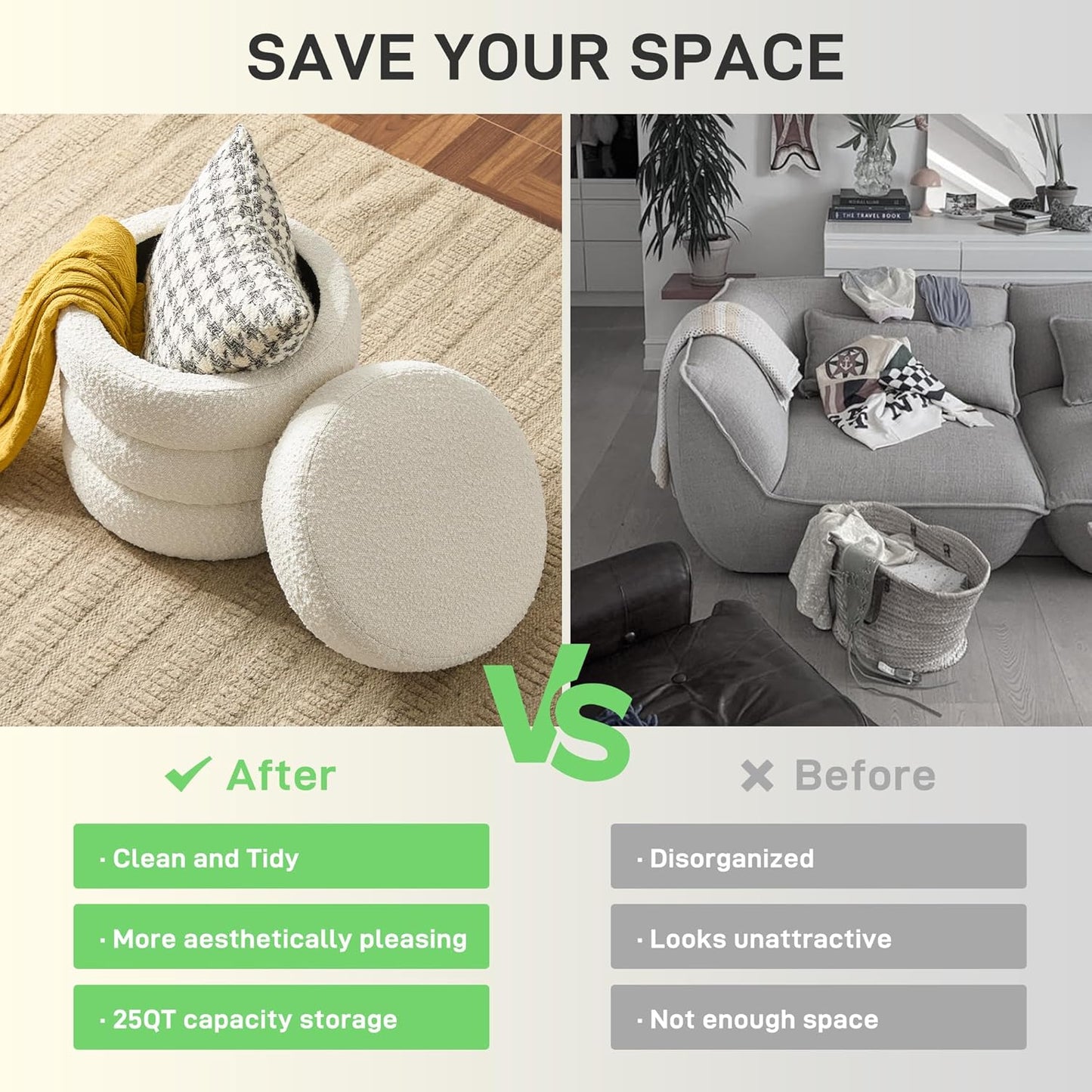 Round Ottoman with Storage Boucle Ottoman Stool with Storage Removable Lid for Living Room Modern Vanity Sorage Stool Foot Rest Bedroom Dorm Gift Set of 1 (White)