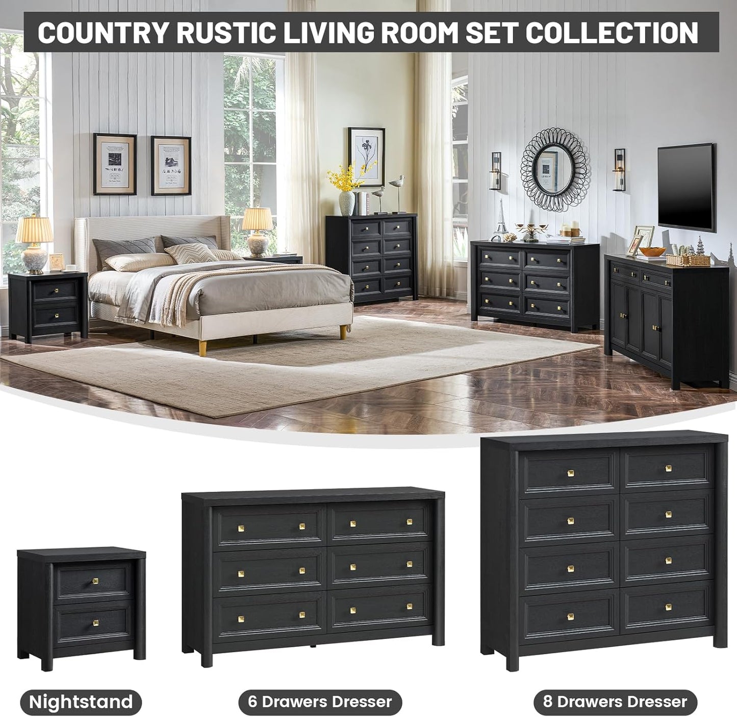 Black Dresser, Farmhouse 6 Drawer Dresser for Bedroom, 52 inch Wide Dressers with Deep Drawers, Vintage Dressers, Solid Wood Chest of Drawers for Bedroom, Nursery