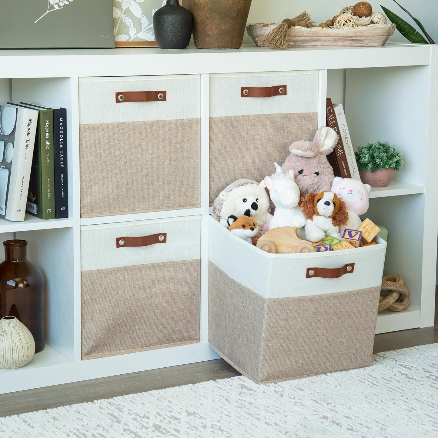 OrganiHaus 13x13 Cube Fabric Storage Bins Set of 4, Fabric Storage Cubes w/ Vegan Handles, 13 inch Collapsible Bins for Clothes & Toy Organizer, Cubbies Organizer, 13x13 Basket for Decor - Beige/White