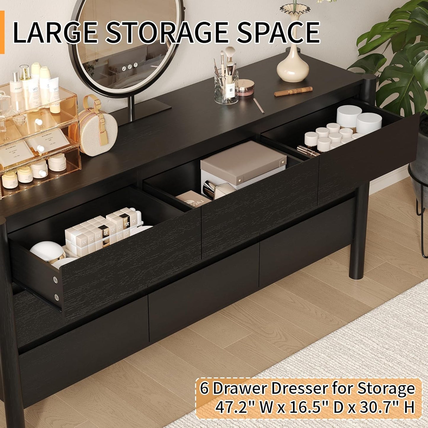 Dresser for Bedroom with 9 Drawers,63" Wide Black Dresser with 4 Solid Wood Legs, Wooden TV Stand,Closet Clothes Organizer for Bedroom, Hallway