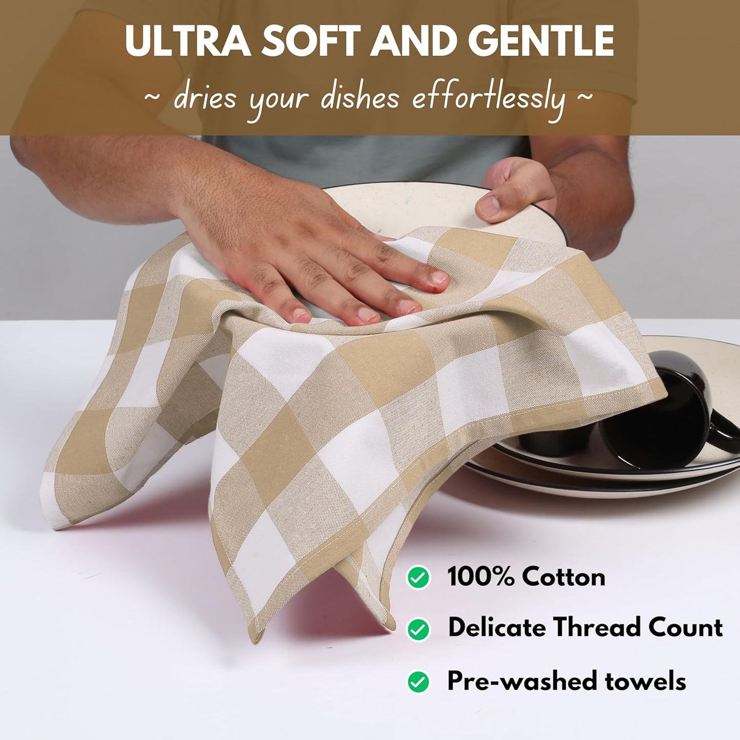 Native Fab 12 Pack Buffalo Check Kitchen Towel 16"x26" - Cotton Dish Towels Washable - Absorbent Tea Towels, Soft Hand Towel with Hanging Loop, Dish Cloth Set - Beige White