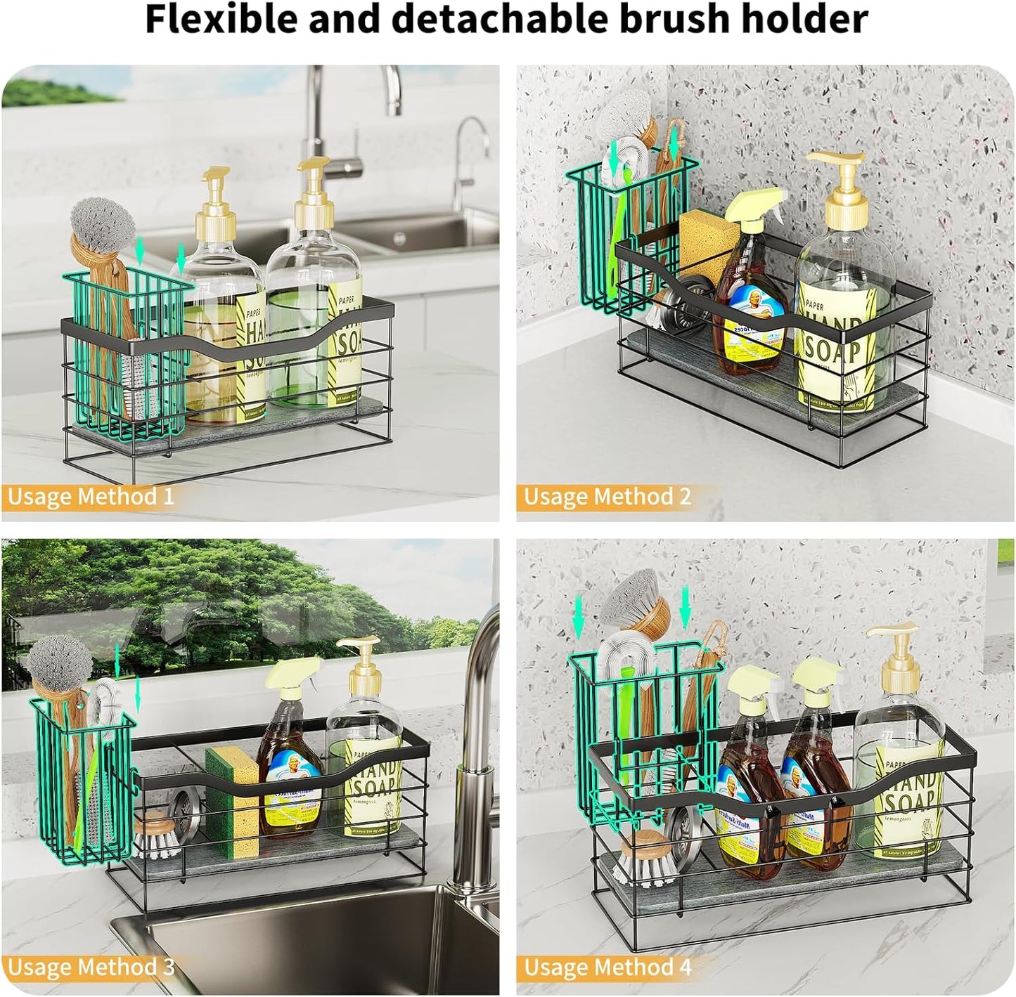 Sponge Holder for Kitchen Sink, Stainless Steel Sink Caddy and Drying Rack with Absorbent Stone, Rustproof Kitchen Organizer for Sponge, Brush, Soap,Space-Saving Countertop Accessory