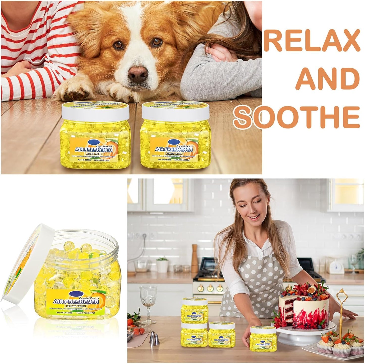 6 Pcs Air Freshener Gel Beads Bulk Odor Eliminator Beads Odor Removing Gel for Home, Bathrooms, Cars, Boats, RVs, Pet Areas, Room, Toilet 8 oz(Yellow Lemon)