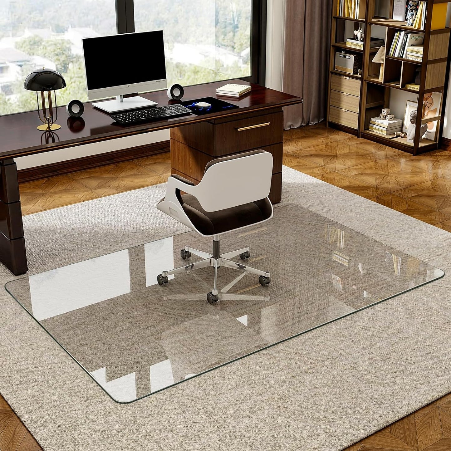 48" x 80" Tempered Glass -Glass Chair Mat, Heavy Duty Hard Floor Mat with Round Corner and Polished Edge, Office Chair Mat for Carpet Office Home Hardwood Floor Desk