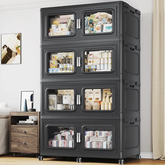 BROVIEW 880 Qt Stackable Storage Bin with Lid, 220Gal Extra Large Collapsible Storage Boxes, Folding Plastic Drawer, Heavy-Duty Store Cabinet, Closet Organizer for Home Kitchen, 4 Pack Black