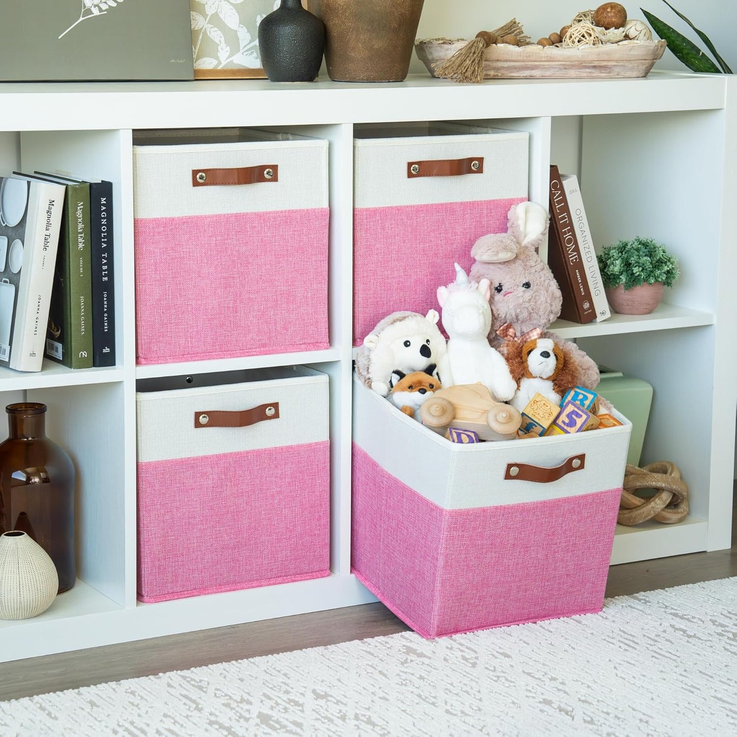 OrganiHaus 12x12 Fabric Storage Bins - Set of 4, Cube Fabric Organizer Bins with Vegan Handles, Kallax Storage Cubes, Cubbies Organizer Boxes, 12Inch Cubic Baskets for Shelves - Pink/White
