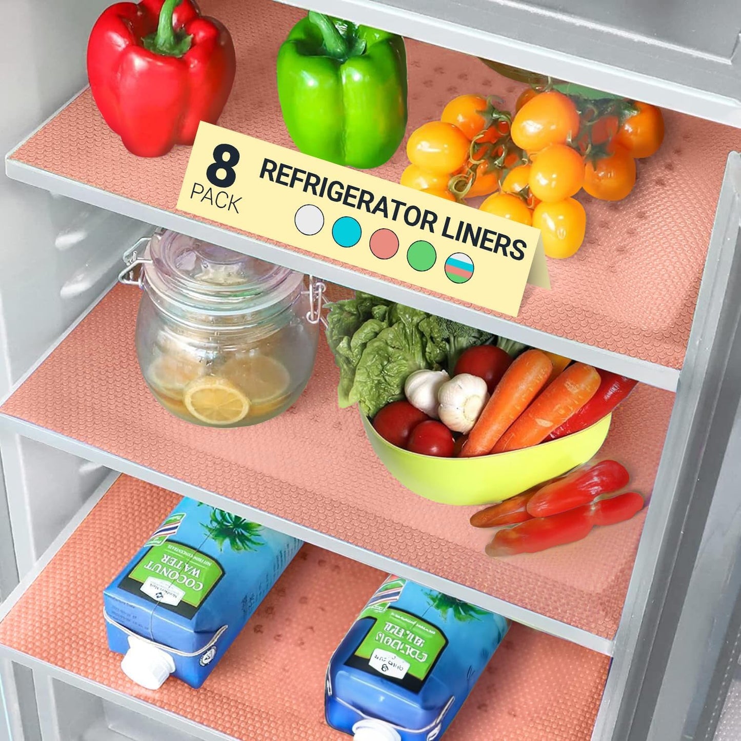 Refrigerator Liners for Shelves (8 Pack) by Linda’s Essentials - Non-Adhesive Shelf or Drawer Liner, BPA-Free Fridge Mats for Kitchen & Cabinets, Easy to Clean, Ideal Household Essentials (Pink)