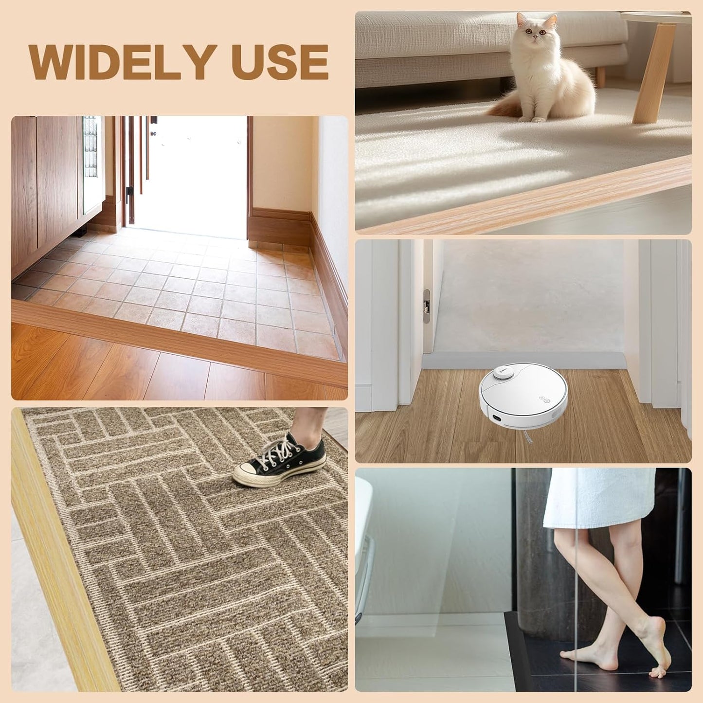 Floor Transition Strip Vinyl Door Threshold Ramp Self Adhesive Carpet Edging Strip Doorway Edge Trim, Overlap Edge Reducer for Laminate Carpet, Floor, Tile (Raw Wood Grain, 1/5" to 2/5", 6.6Ft)