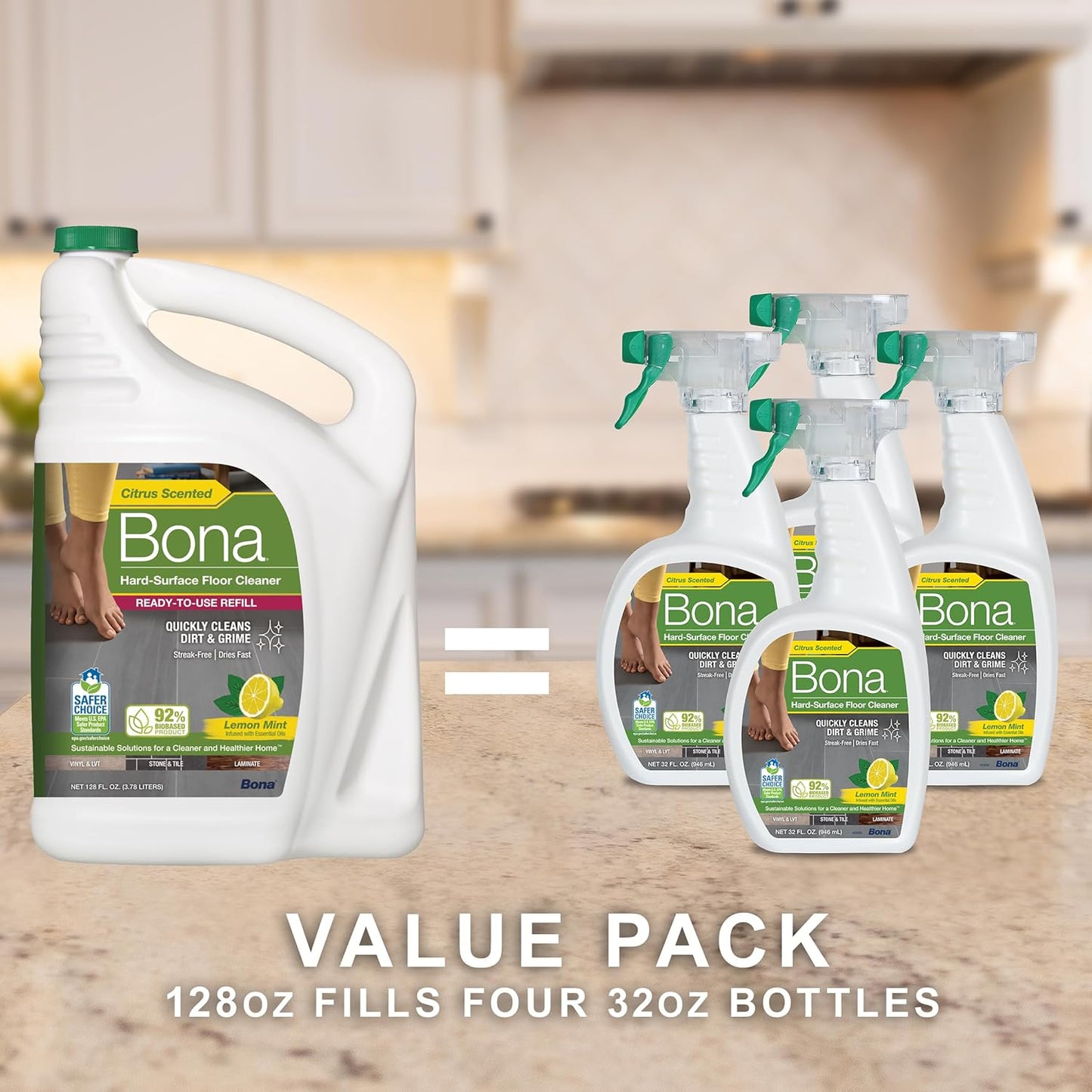 Bona Multi-Surface Floor Cleaner Refill - 128 fl oz - Lemon Mint - Residue-Free Floor Cleaning Solution refill for Spray Mop and Spray Bottles - For Use on Stone, Tile, Laminate, and Vinyl Floors