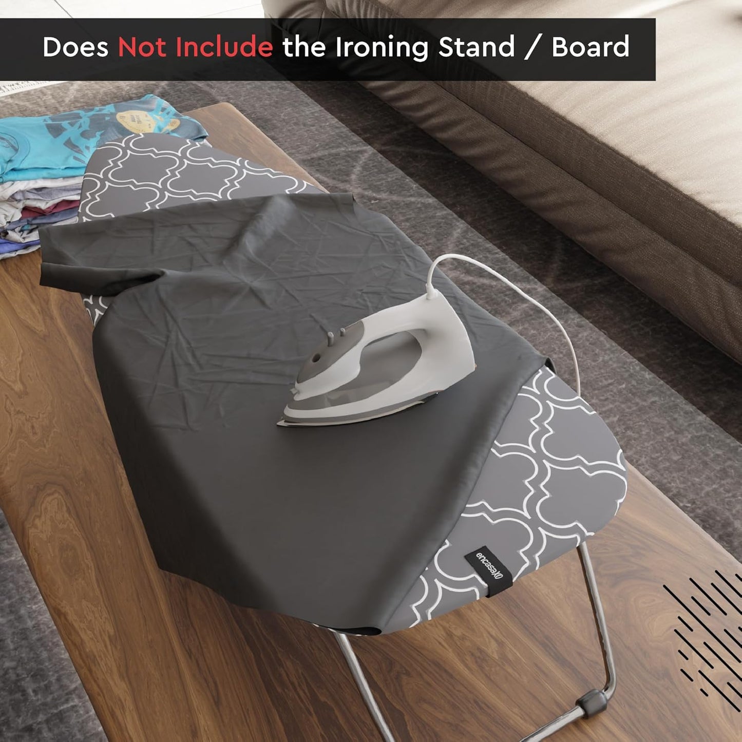 Encasa XO Ironing Board Cover and Pad 28"x12" - Thick 3mm Felt Padding, Drawstring Tightening & Lock, Easy Fit, Scorch & Stain Resistant, Fits Mini Ironing Board - Grey Tiles
