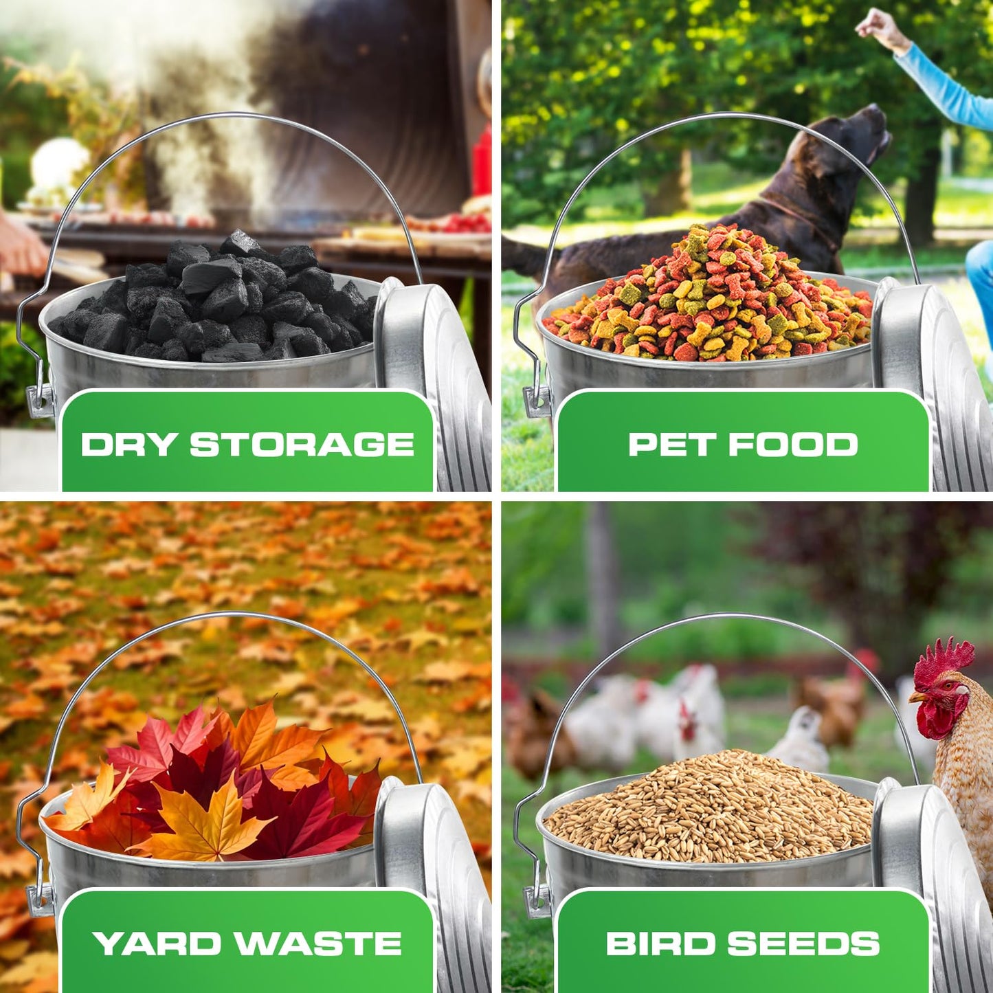 Plexon 10 Gallon Trash Can with Locking Lid Galvanized Metal Bucket for Poultry Feed Bird Seed Storage Ash Outside Garbage Can with Lid, 3 Pack