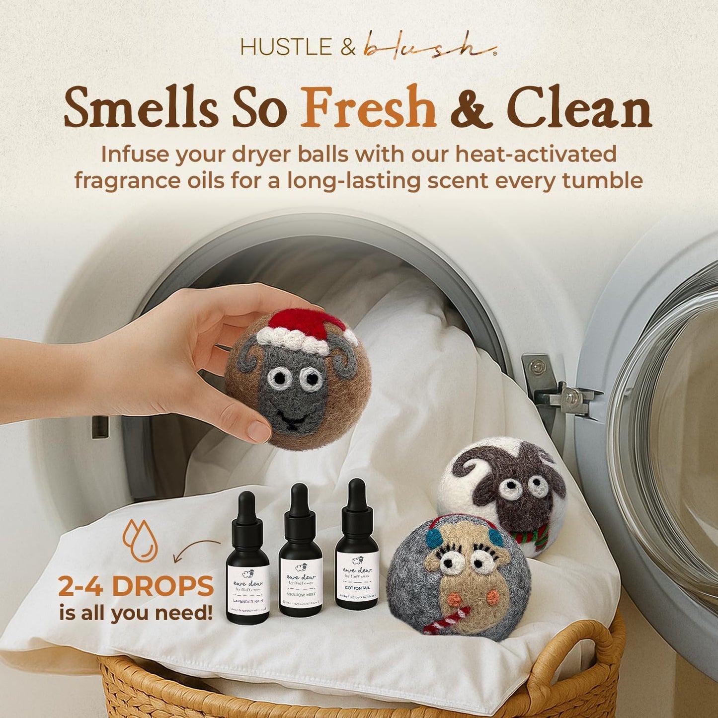 Fluff Ewes Wool Dryer Balls 3 Pack Premium New Zealand Wool Laundry Balls for Dryer, No Static Dryer Balls Laundry Reusable, XL Christmas Dryer Balls, Holiday Dryer Balls - Sheep in Heavenly Peace