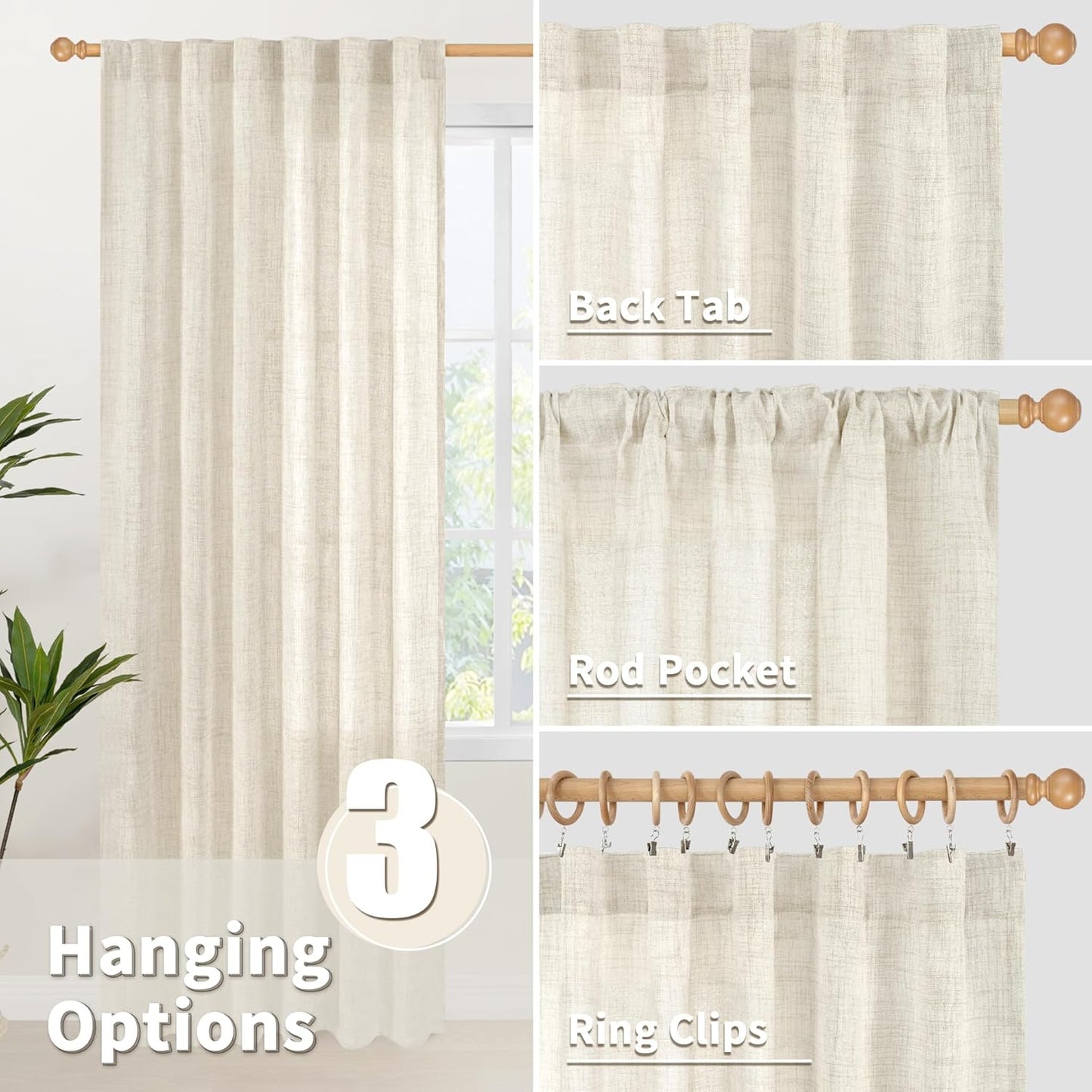 YoungsTex Linen Curtains 95 Inch Length for Living Room 2 Panels, Cream Semi Sheer Window Treatments with Rod Pocket Back Tab Light Filtering for Bedroom Dining Room Office, 52 X 95 Inch
