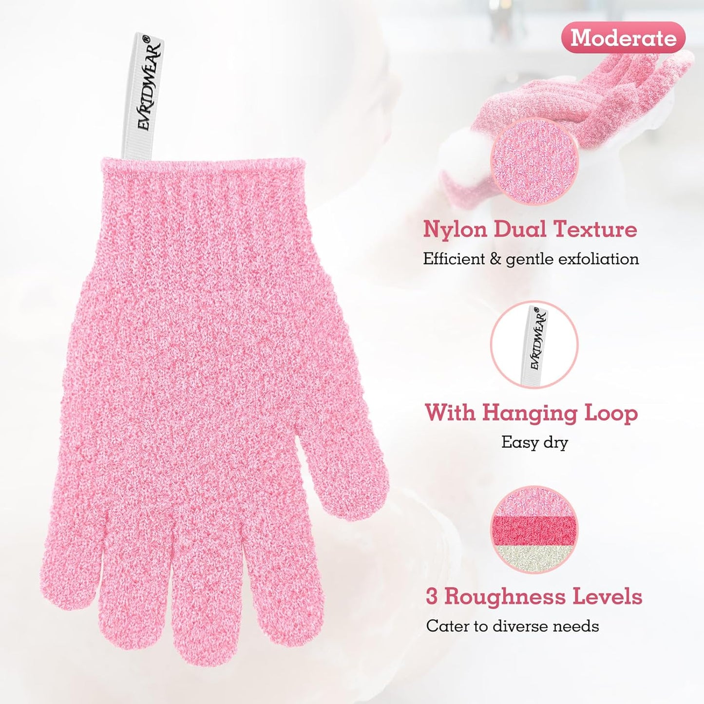 Evridwear Exfoliating Gloves for Shower, 100% Nylon Thick Soft Medium Heavy Bathing Gloves Dead Skin Remover Body Scrubber Smooth Skin with Hang Loop, 1 Pair Moderate Pink