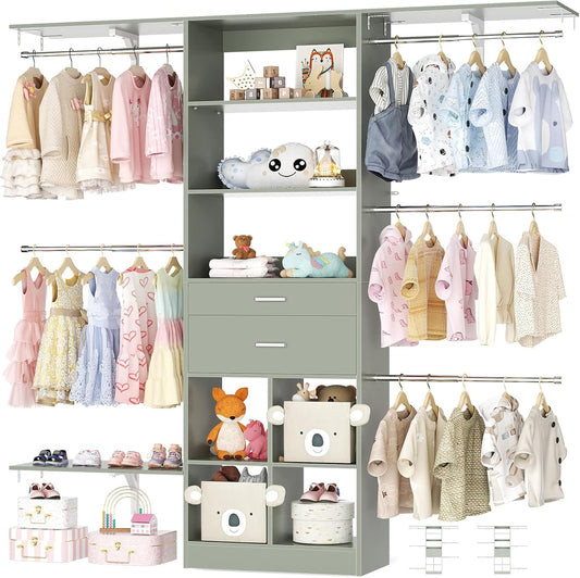 5FT Small Closet System, Baby Closet Organizer System with Wooden Drawers, 60 Inches Walk in Closet System with 5 Hanging Rods and 3 Reversible Hanging Shelving, Crab Green