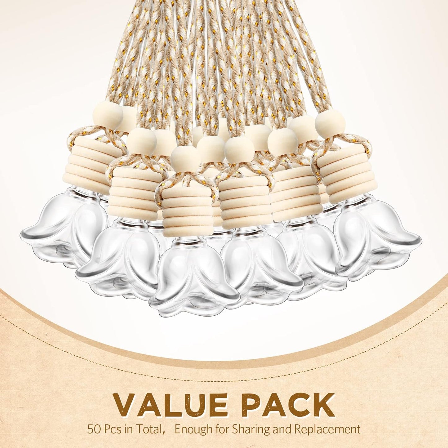 BBTO 50 Pcs Hanging Car Air Freshener Car Diffuser Bottles Empty Glass Perfume Bottle Freshener Diffuser Bottle Pendant for Essential Oil Fragrance Aromatherapy Bottle Ornament(Rose)