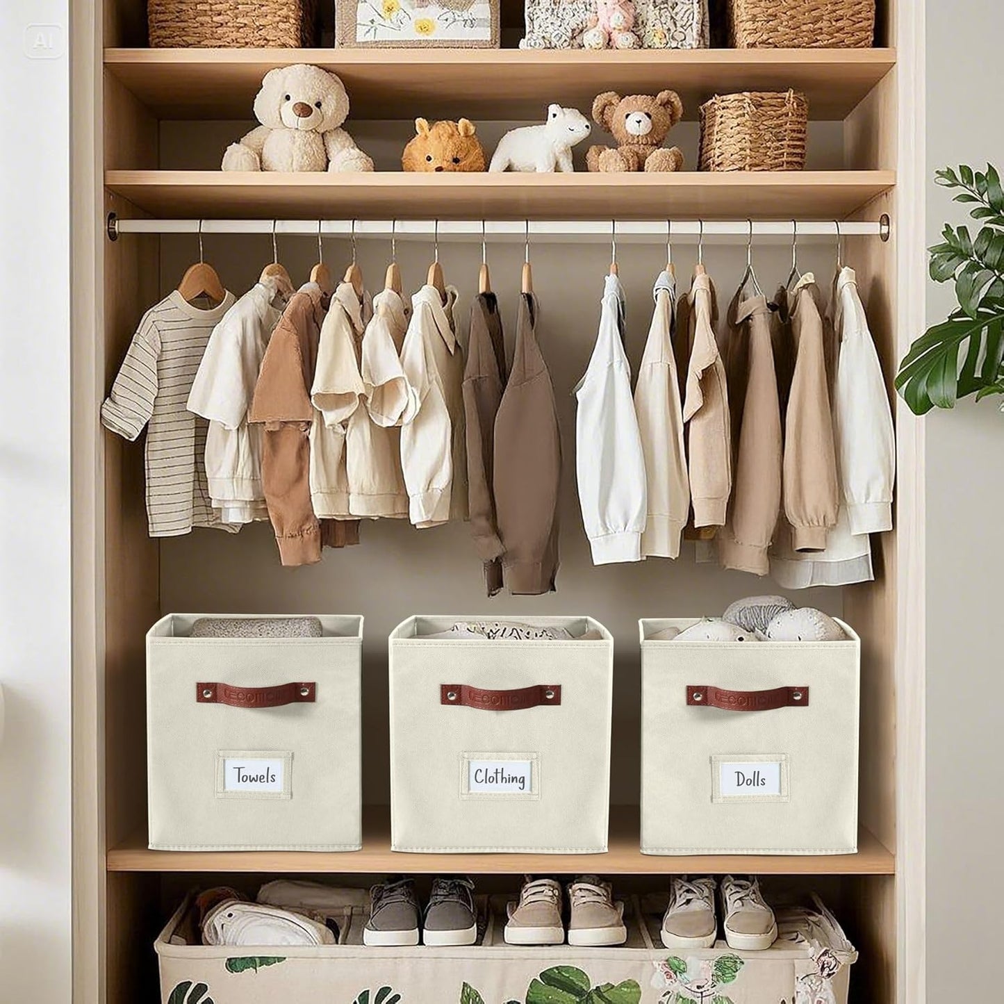 DECOMOMO Storage Cubes, 13x13x13 Storage Cube Bins with Labels, Fabric Organizer Bins (13" / 6pcs, Beige)