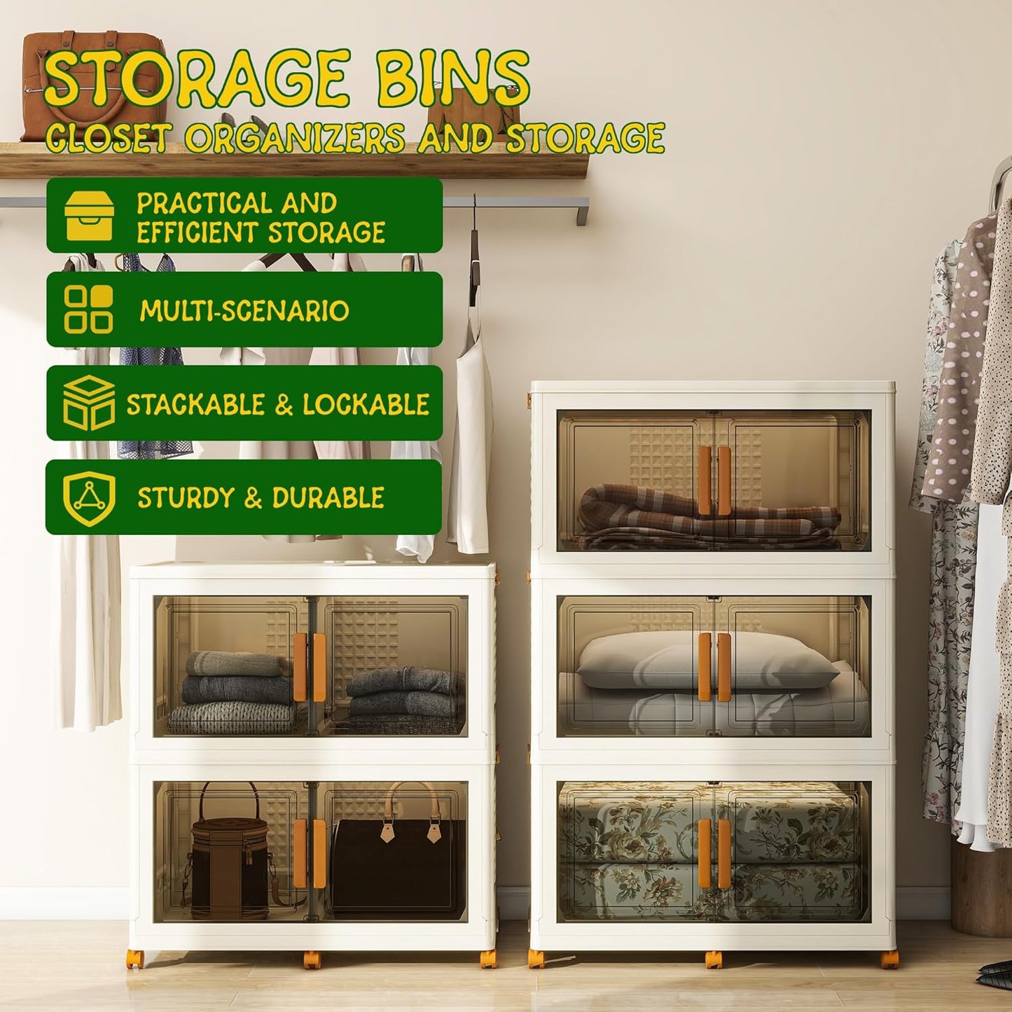 2 Tier Extra Large Stackable Storage Bins with 1 Lid 155 QT/Tier, Collapsible Plastic Box Storage with Wheels, Home Containers Boxes Closet Organizers for Living Room, Office, Dorm