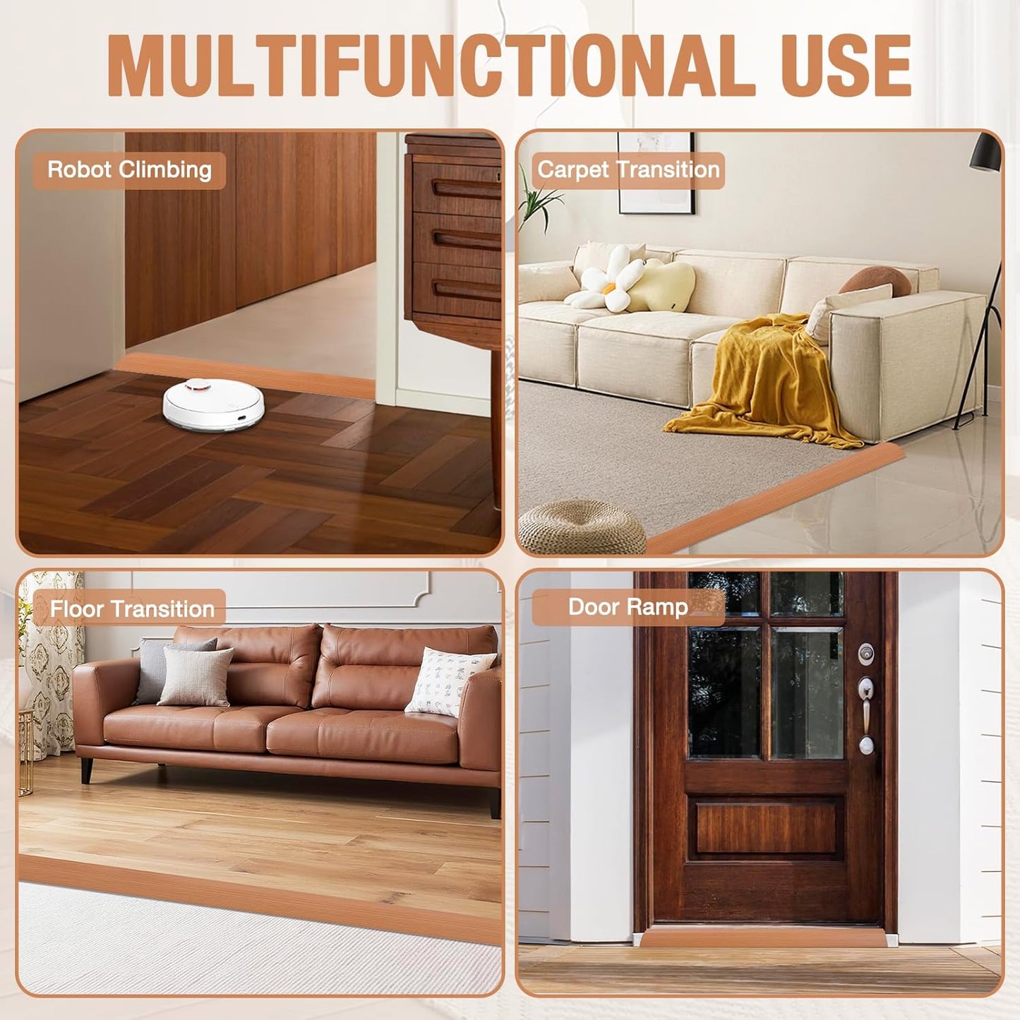 Floor Transition Strip Self Adhesive Vinyl Door Threshold for Doorways Carpet Edging Trim Overlap Edge Reducer for Laminate Floor, Carpet, Tile (Yellow Oak Grain, 3/5" to 4/5", 6.6Ft)