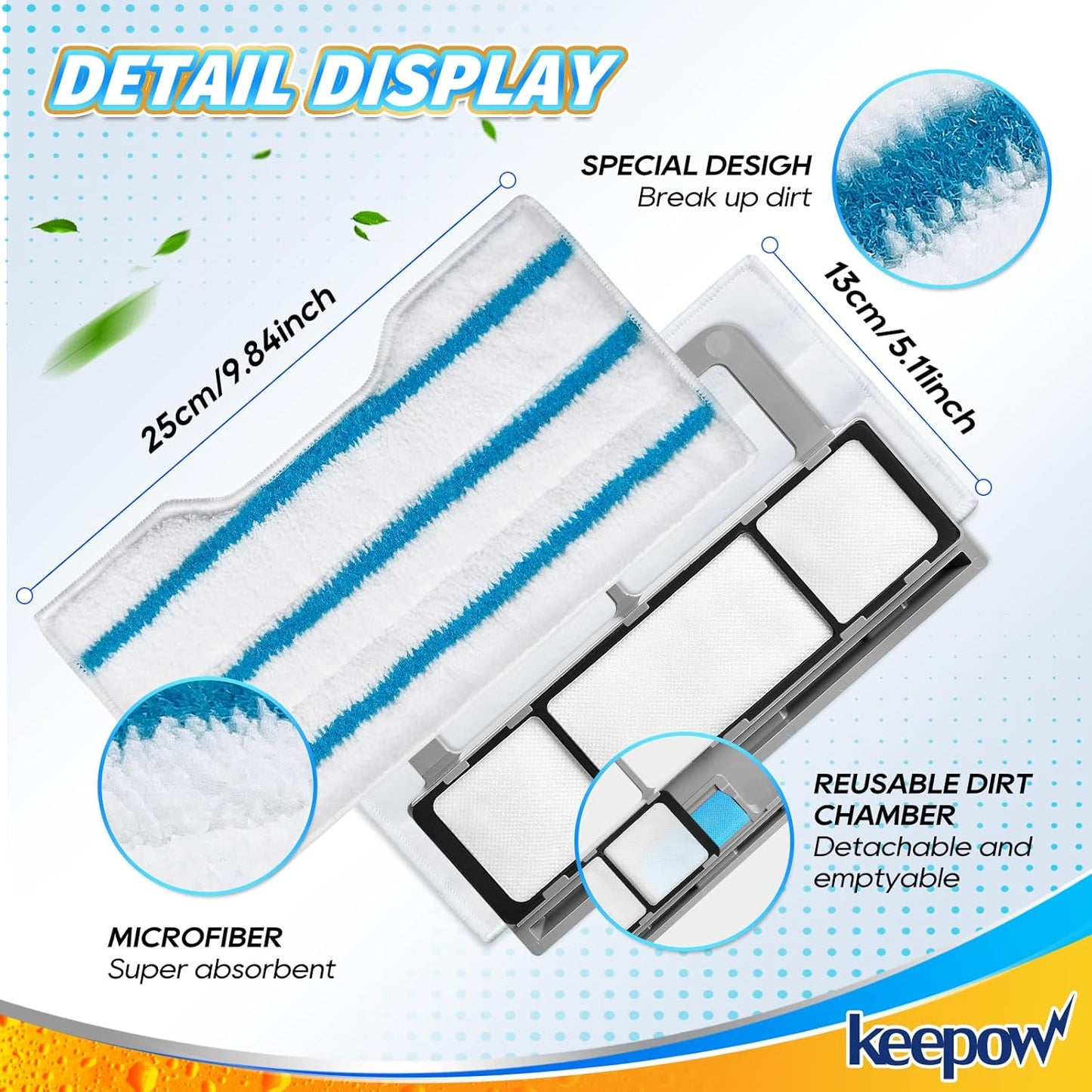KEEPOW Reusable Mop Replacement Pads Compatible with Shark Vac Mop VM252 VM200 VC205 VM250 /QM250 VM190 VM200P12, Washable Vacuum Mop Pad Refills, Upgraded Design of Dirt Chamber (1+2+2+2 Pads)