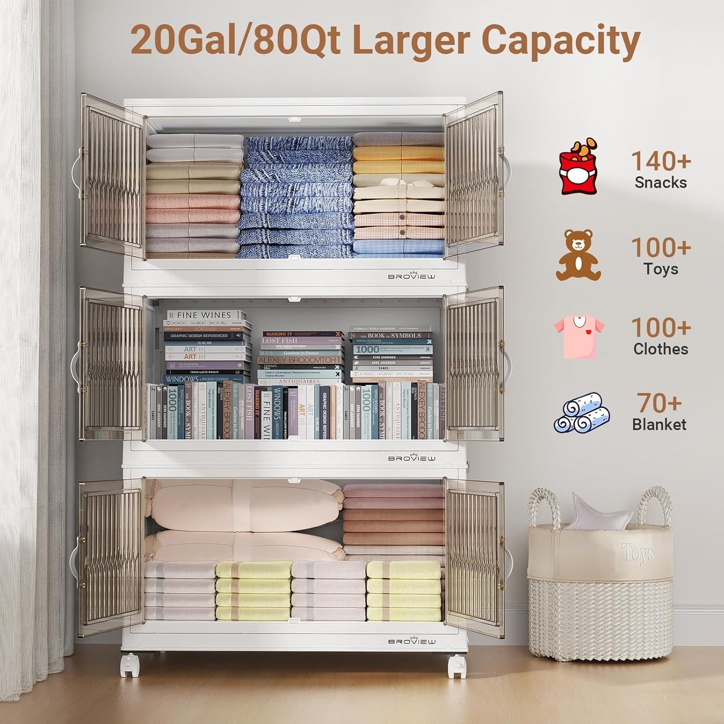 BROVIEW 240Qt Stackable Storage Bins with Lid, Extra Large Closet Organizer Collapsible Drawer Boxes with Wheels, Folding Plastic Cabinet Containers for Home Kitchen Room Organization, 3Pack White