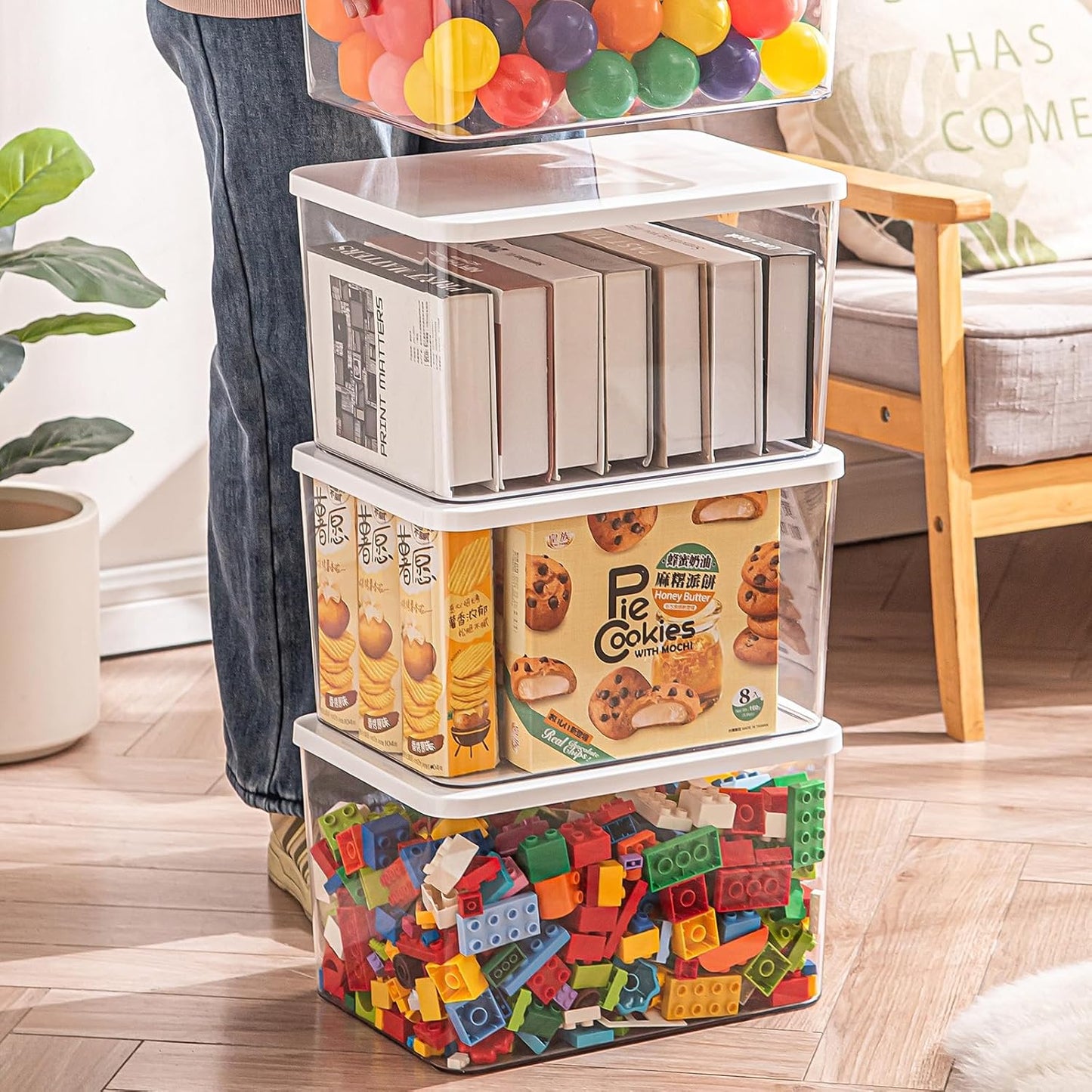 Clear plastic storage bins with LIDS-3packs,storage containers for snacks, cosmetics, books, dog food, Storage Organizer for Nursery，Kitchen, Living room,Bedroom, Bathroom, Office (Clear-White Lid)