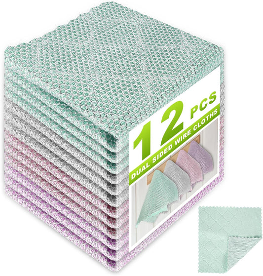 12 Pcs Multipurpose Wire Dishwashing Rag, Upgraded Double-Layer Non-Scratch Wire Dish Cleaning Cloths, Reusable Steel Scrubberfor Kitchen, Cookware, Sinks, Stove Tops, 10"x10"