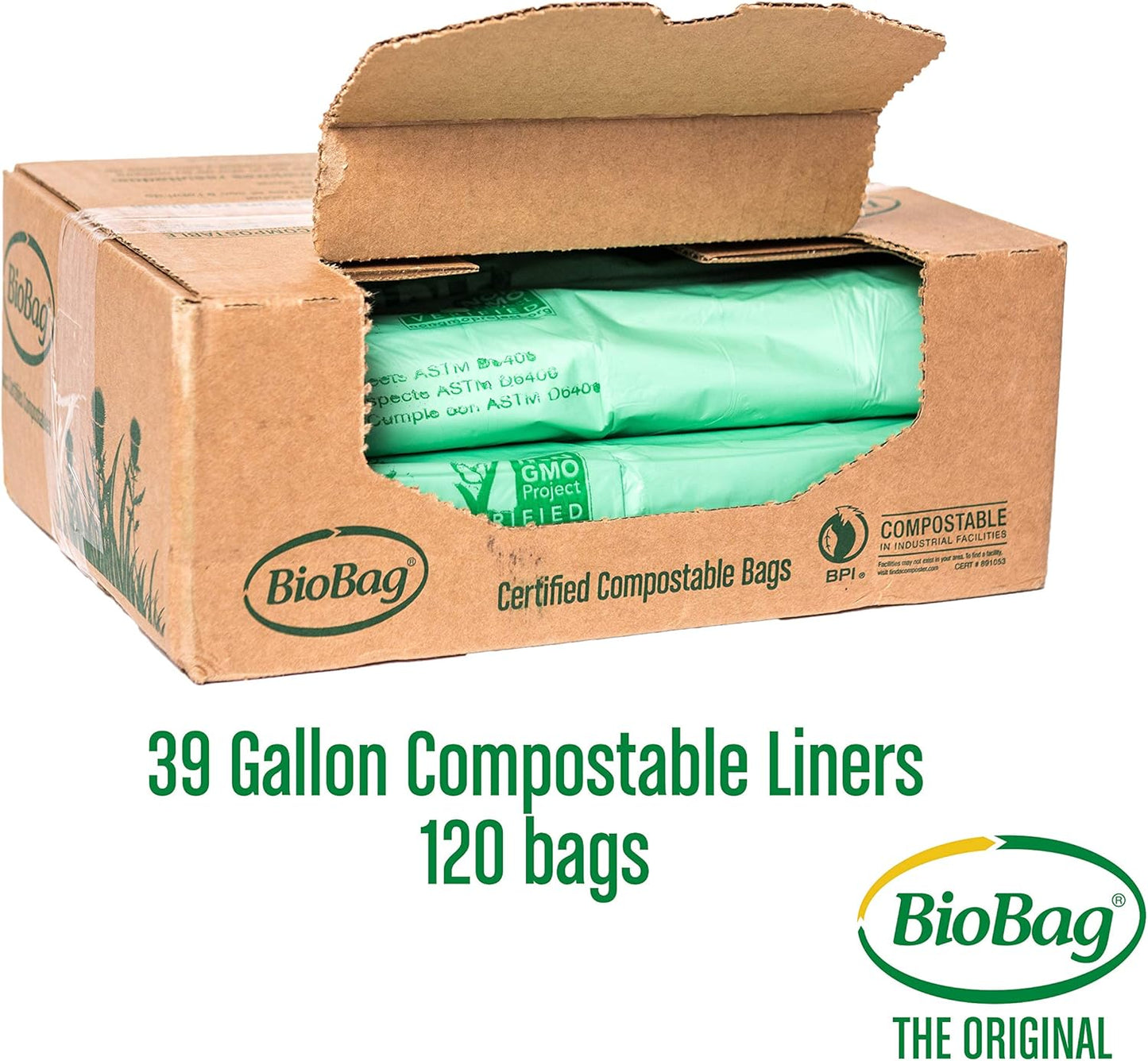 BioBag (USA) The Original Compostable Bag, 39 Gallon, 120 Count, 100% Certified Compostable Trash Bag Liners for Food Waste, Extra Strong and Durable, Trash Bag
