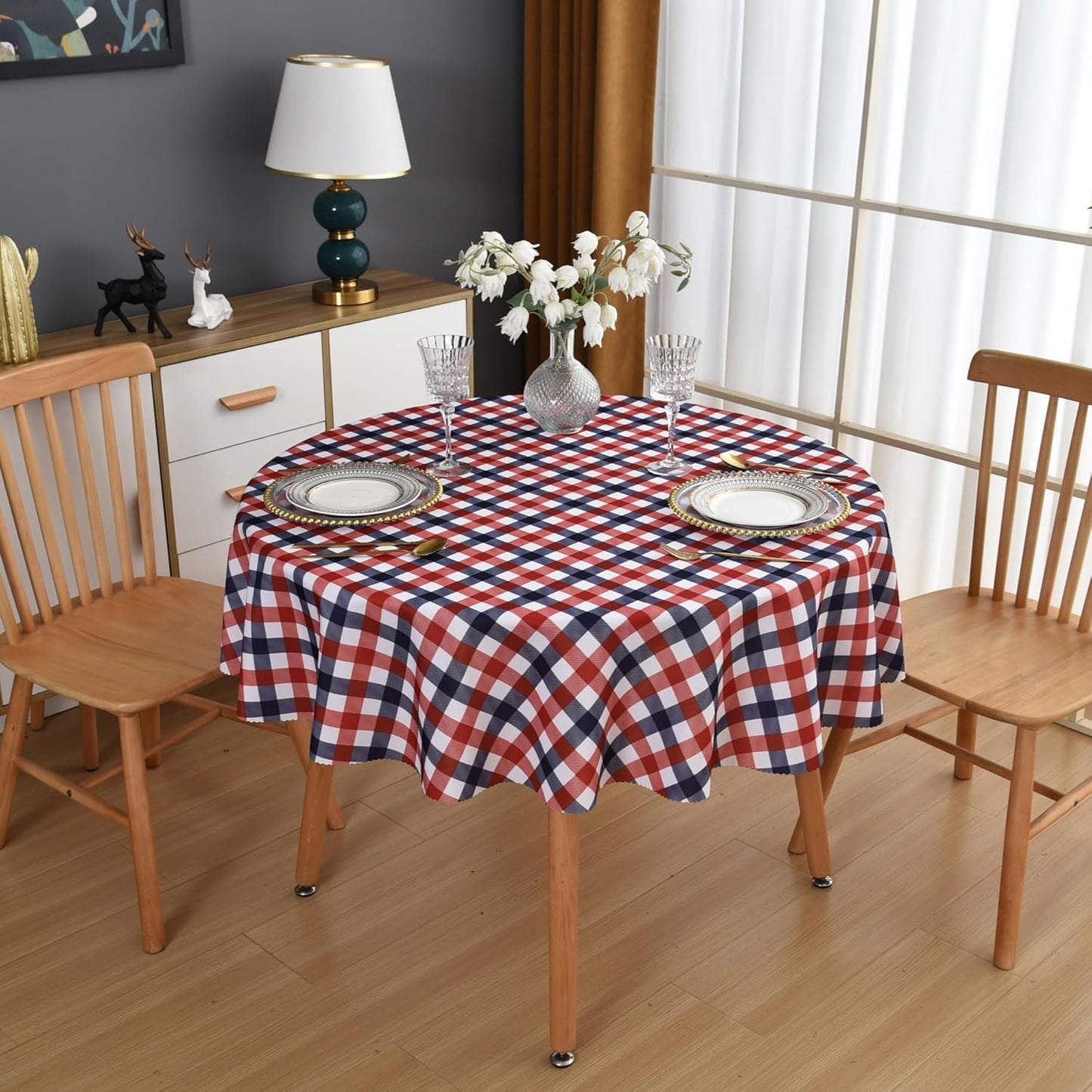 Waterproof Plaid Tablecloth Fabric - Round 120 Inch Classic Gingham Checker Table Cloth for Indoor/Outdoor Use - Buffalo Table Cover for Picnics, BBQs, and Parties